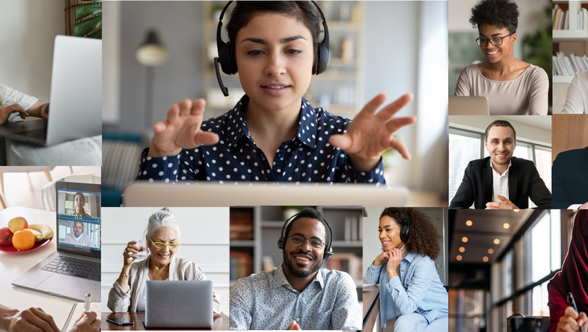 various professionals at smiling and happy at computer screens